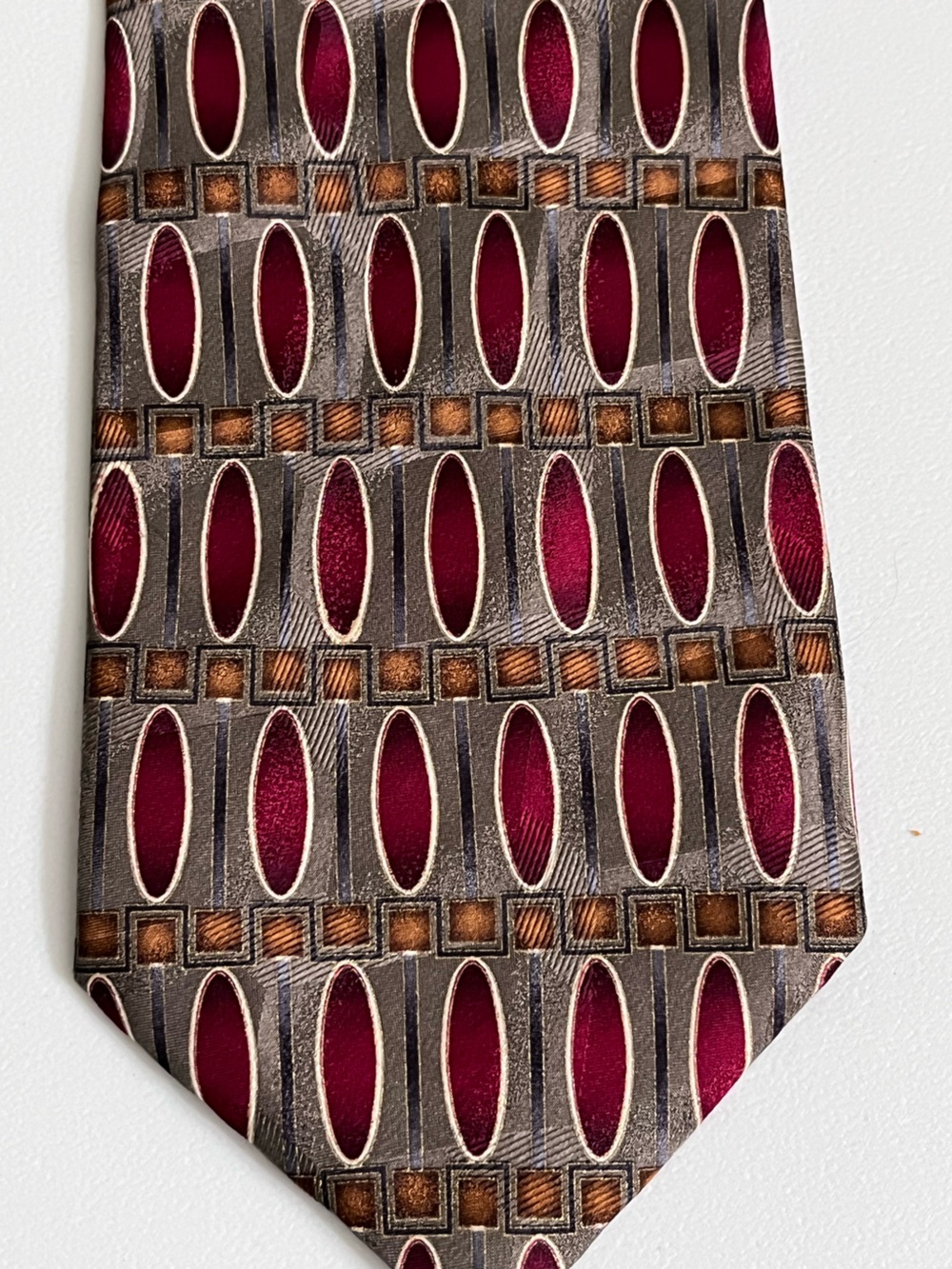 Balmain Brown and Burgundy Silk-Effect Geometric Tie Classic